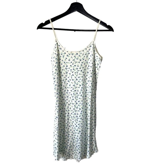 Vintage 90s White Blue Micro Floral Spaghetti Strap Knee Length Dress Medium - Picture 2 of 8